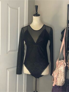 AllSaints Black Sheer Lace Long-Sleeve Bodysuit
